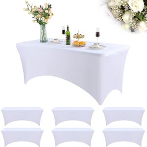6 Pack Spandex Table Cover Fitted Spandex Tablecloths Stretch Table Cover Stretchy Table Cloth Washable Polyester Table Protector for Folding Rectangle Table, Wedding Party or Event (White,8 Ft)
