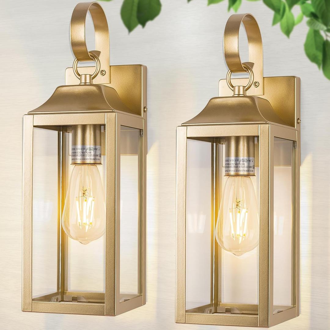 2 Pack Outdoor Light Fixtures Wall Mount, 15 Inch Gold Exterior Wall Sconces Waterproof, Large Outside Lights for House, Modern Wall Lanterns Clear Glass 15 Inch Ordinary