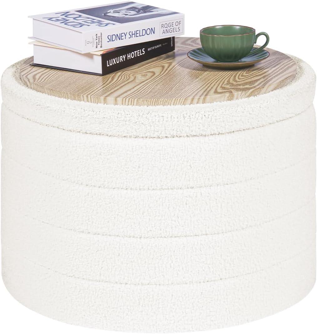 PINPLUS Round Ottoman with Stroage, Boucle Storage, Foot Stool Foldable Coffee Table Ottoman for Living Room, Bedroom, Dorm (White) (22.05"D x 22.05"W x 15.75"H)