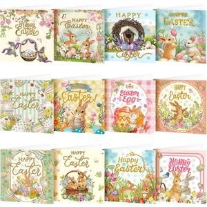 Saillong 12 Pack Vintage Easter Diamond Painting Greeting Card Kits DIY Easter Diamond Art Card with Envelope Spring Bunny Egg 5D Rhinestones Painting Making Kit for Adult DIY Craft Family Friend Gift