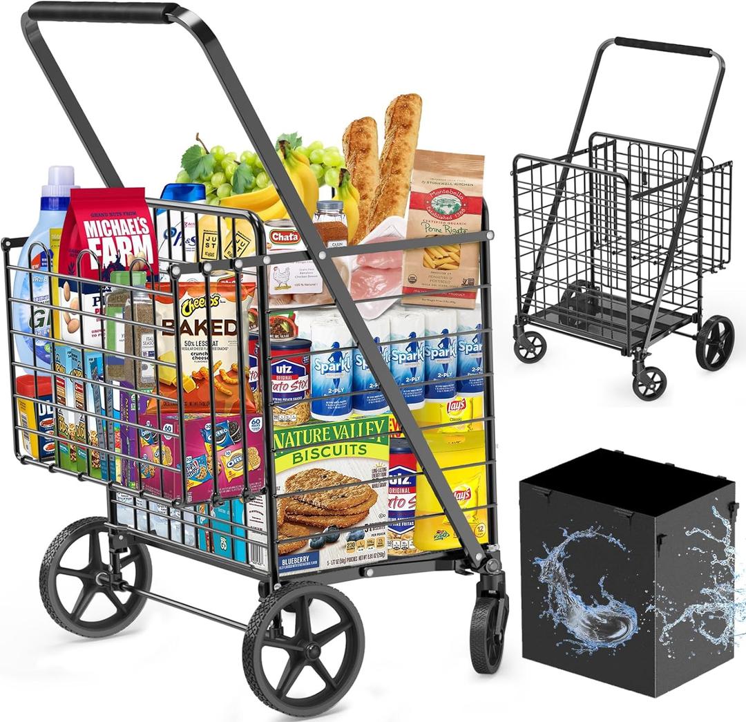 455lbs Shopping Cart for Groceries, Large Heavy Duty Grocery Cart on Wheels, Folding Dual Basket Utility Carts with Waterproof Liner, Shopping Carts for Transport, Laundry, Gift, Luggage