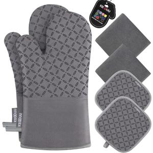 KEGOUU Oven Mitts and Pot Holders 6pcs Set, Kitchen Oven Glove High Heat Resistant 500 Degree Extra Long Oven Mitts and Potholder with Non-Slip Silicone Surface for Cooking (Grey) (Gray)