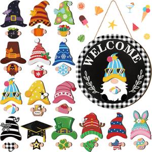 Qunclay Interchangeable Wooden Gnome Decor Holiday Seasonal Gnome Decorations with Magnet Pieces and Detachable Hats Changeable Welcome Sign for Home(Trendy Style)