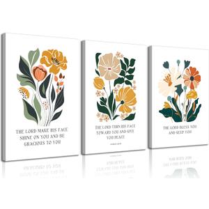 3pcs Framed Bible Blessing Canvas Wall Art Christian Wall Decor Pictures Botanical Flowers Posters Prints The Lord Bless Youand And Giveyou Peace Paintings for Living Room Bedroom Church Decoration