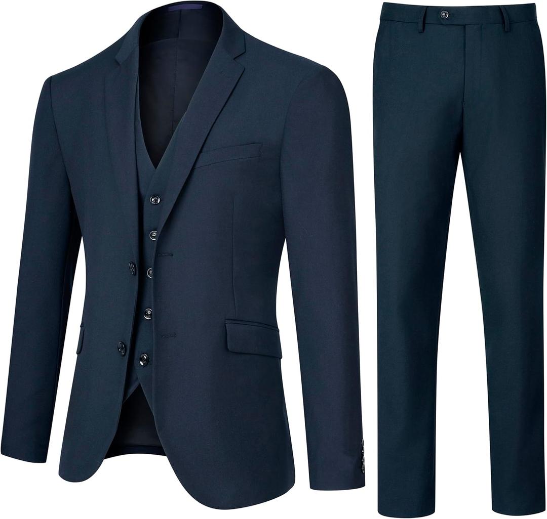Men's Slim Fit 3 Piece Suit Set, Two Button Solid Blazer Jacket with Multi-Functional Pockets for Business/Party, Navy XS