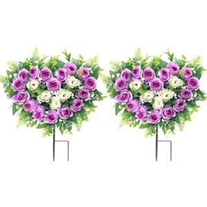 Lodou 2 Sets Artificial Cemetery Flowers, Grave Memorial Flowers with Ground Spike,Heart Shaped Wreaths Rose Flowers for Artificial Rose Decoration for Cemetery Headstones Gravesites (Purple) Lodou 2 Sets Artificial Cemetery Flowers, Grave Memorial Flowers with Ground Spike,Heart Shaped Wreaths Rose Flowers for Artificial Rose Decoration for Cemetery Headstones Gravesites (Purple)