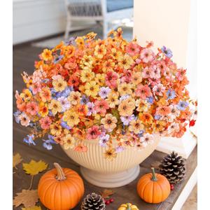 Artificial Fall Flowers Faux Mums for Outdoor Indoor Garden Home Decoration, Faux Flower Daisy with Eucalyptus Leaves Fake Plants Greenery Boxwood Porch Patio, 12 Bundles (6 Fall Multicolor)