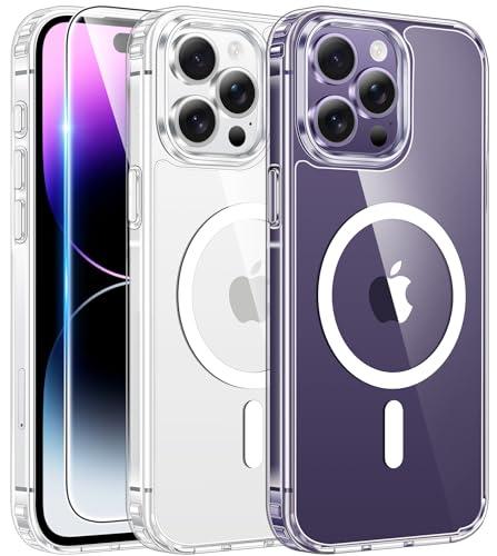 FNTCASE for iPhone 14 Pro-Max Case: Clear Magnetic Phone Cases with Screen Protector Compatible with Magsafe Slim Anti Yellowing Rugged Shockproof Protective Transparent Cell Cover (A-Clear)
