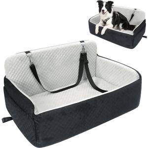 Dog Car Seat for Medium Dog Bed Large Dogs Booster Car Seat Under 55 lbs or 2 Small Dogs Soft Filling in Thick Memory Foam with Safety Leashes and Storage Pocket (Gray, Large)