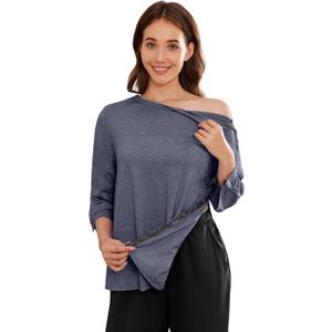 Deyeek Post Shoulder Surgery Shirts for Women Tear Away 3/4 Tops After Rotator Cuff Shirts Chemo Port Adaptive Clothing (Blue, M)