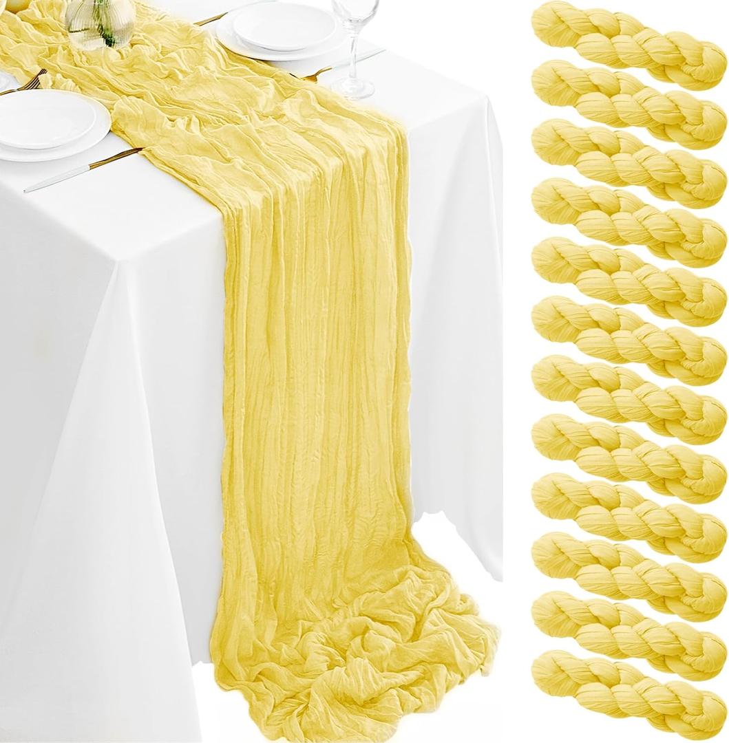 12Pack Light Yellow Cheesecloth Table Runner 35x120Inch Yellow Cheese Cloth Table Runner 10FT Boho Gauze Table Runners Rustic Sheer Table Runners for Wedding Bridal Baby Shower Party Decor