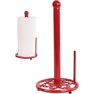 Vintage Red Cast Iron Paper Towel Holder - Weighted Base, One-Handed Tear for Kitchen Countertops