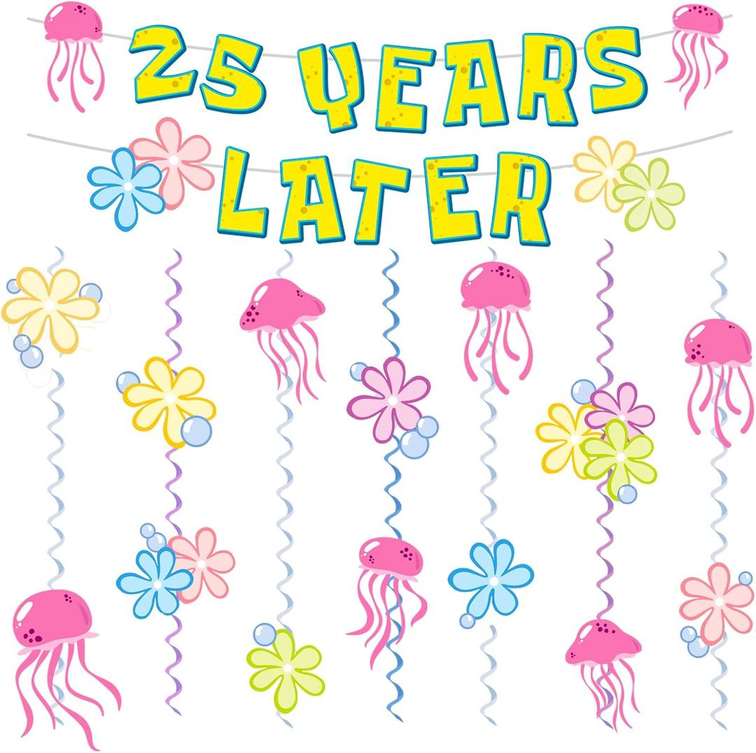 25 Years Later Birthday Banner Carton Banner Jelly Fish Hanging Swirls Garlands Sea Animals Hanging Banner for Birthday Party Decorations Supplies Party Favors
