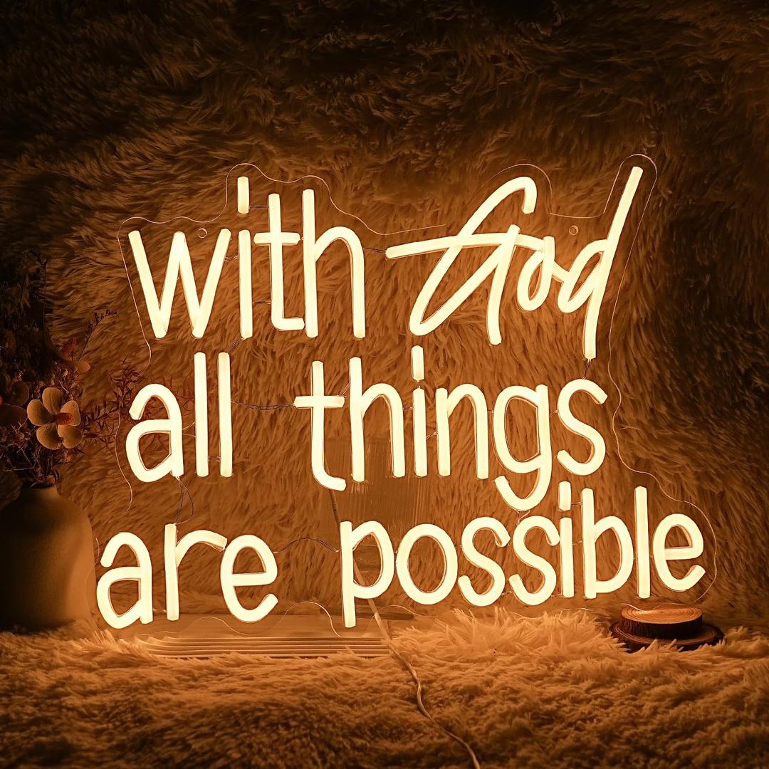 With God All Things Are Possible Neon Sign Bright Warm White God Led Neon Lights for Wall Decor Dimmable USB Powered Light up God Sign 16.9x13 Inch Neon Light Sign for Room Party Wedding Church Decor