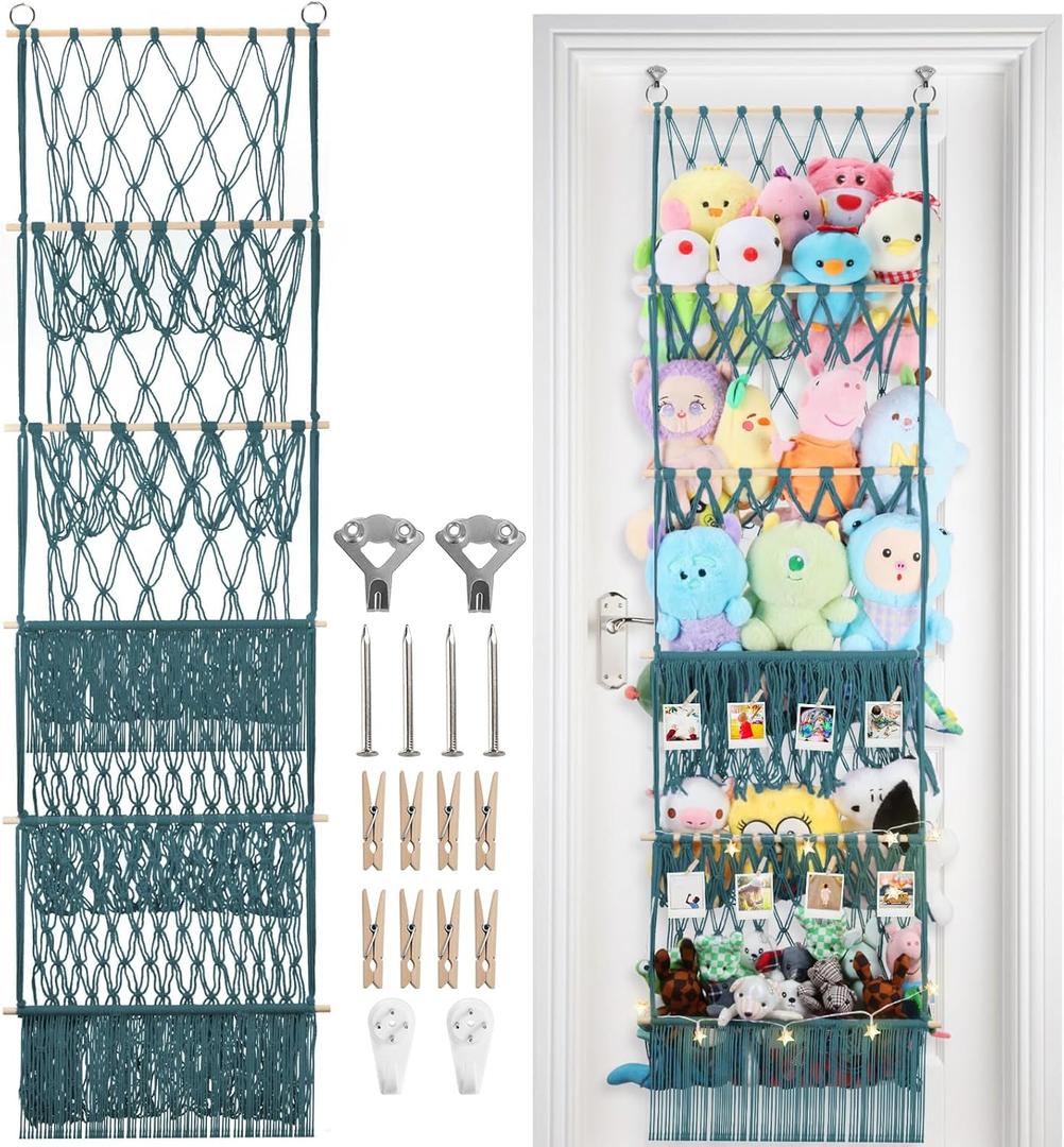 5 Tier Stuffed Animal Storage Shelf Net, 17x61 Inch Large Plushie Net w/LED Light & Clips for Mini Medium Stuffy Teddy, Aqua Boho Macrame Wall Toy Holder Display for Nursery Kids Girls Boys