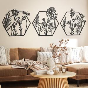 Peryiter 3 Pcs Metal Flower Wall Decor Minimalist Floral Wall Hanging Decor Metal Flower Rustic Floral Art for Christmas Living Room Bathroom Kitchen Indoor Outdoor(Black)
