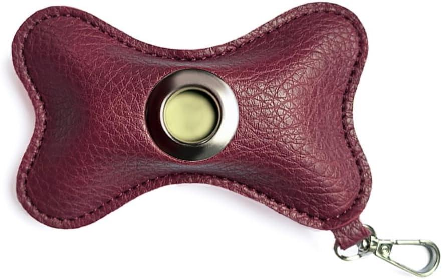 Dog Poop Bag Holder, Portable Bone Shape Leather Pet Waste Pouch Dispenser with Metal Hook for Walking Camping Hiking Running Travel (Wine Red)