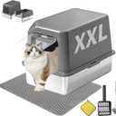 Extra Large Stainless Steel Cat Litter Box Enclosed with Lid - 23.6" x 15.7" x 16.5" Metal Cat Litter Box XXL, Front Entry High Side Kitty Litterbox with Scoop & Mat, Anti Leakage, No Sticky
