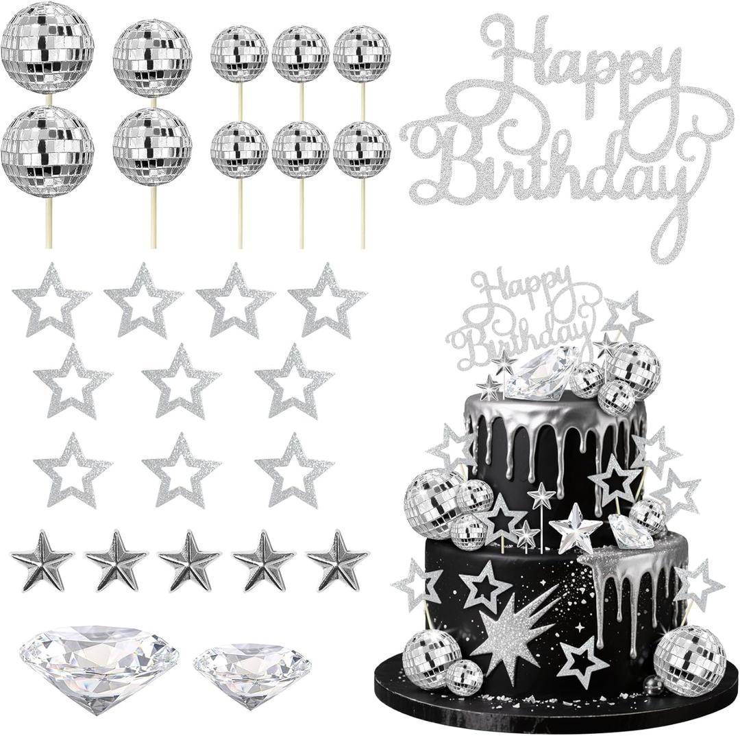Knana 29Pcs Disco Ball Cake Toppers Silver Happy Birthday Cake Topper Diamond Cake Topper for Disco Theme Party Favors
