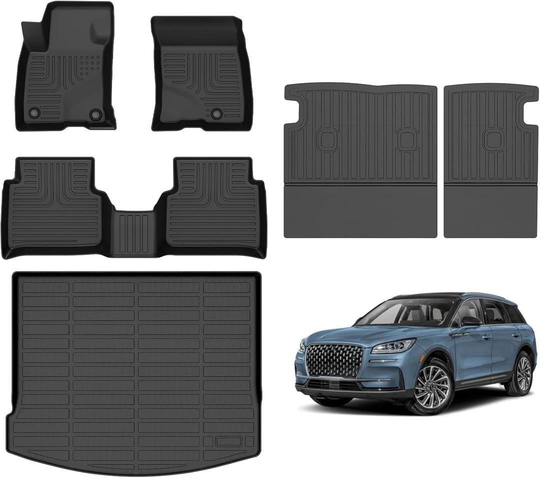 Hutisya-Floor Mats & Cargo Liner with Backrest Set Fit for Lincoln Corsair 2020-2024 2025 (Not for PHEV) All Weather Protection Anti-Slip & Durable TPE Full Set Liners Automotive Accessories-Black