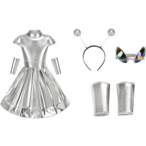 TOONRAIN Girls' Silver Alien Costume Set - Perfect for Parties and Gatherings (8-9Y)