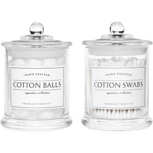 Volisnova 2 Pack Farmhouse Apothecary Jars with Lids - Glass Qtip Dispensers and Cotton Ball Holders for Bathroom Vanity Storage and Organization with 8 Pcs Wterproof Labels (Clear Glass)