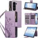 Asuwish Phone Case for Samsung Galaxy Z Fold 7 5G 2025 Wallet Cell Cover with Wrist Lanyard Strap Flower Flip Zipper Credit Card Holder Slot Stand ZFold7 Z7 G Fold7 7Z Women Girls Purple