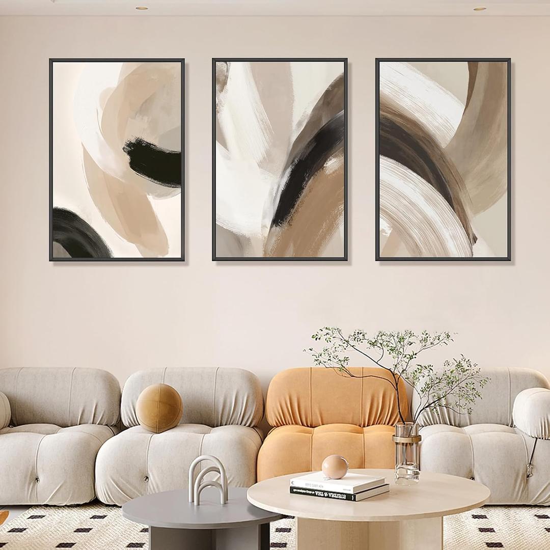 Large Neutral Abstract Wall Art Set of 3 Framed Canvas Prints, 24x36 Inch Modern Beige Black Abstract Paintings with Gold Accents, Minimalist Wall Decor for Living Room Bedroom Dining Room, Metal Frame Ready to Hang