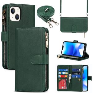 Jaorty for iPhone 13/14 Phone Case Wallet for Women Men with Card Holder,for iPhone 14/13 Crossbody Case with Strap Shoulder Lanyard, Zipper Pocket PU Leather Cases,6.1 Inch Dark Green