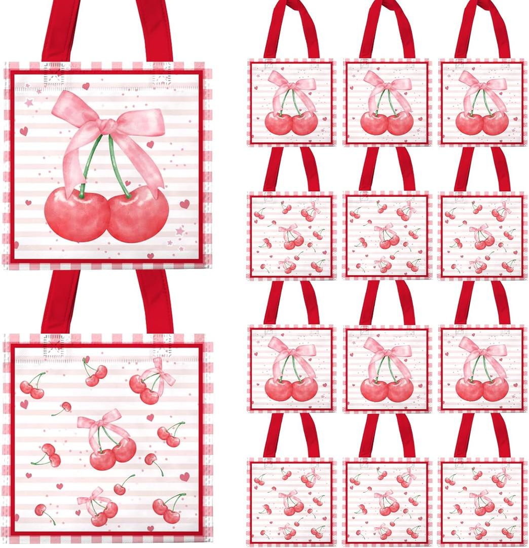 20Pcs Pink Cherry Non-Woven Gift Bags Reusable Handbags with Handles for Cherry Enthusiasts Birthday Party Gift Packaging Supplies 8.6x8.6 Inches
