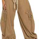 Famnbro Womens Barrel Jeans Baggy Cargo Jogger Y2k Drawstring Bow Jeans Sweatpants Wide Leg Denim Pants (Small, Khaki)