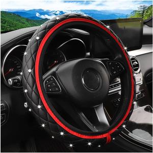 Bling Car Steering Wheel Cover, Non-Slip Elastic Stretch Leather Auto Steering Wheel Protector, Sparkling Diamond Vehicle Decor Accessories for Women Girls, Universal for Vehicles (Red)