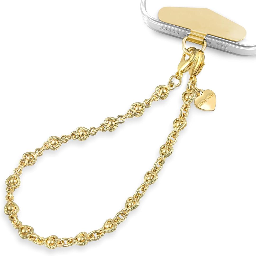 Phone Charm Strap Heart Phone Chain Wristlet With Metal Tether Tab Detachable iPhone Chain Wrist Strap iPhone Lanyard For Women,Fits All Phones,Shopping Traveling Party Walking (Pale Gold)