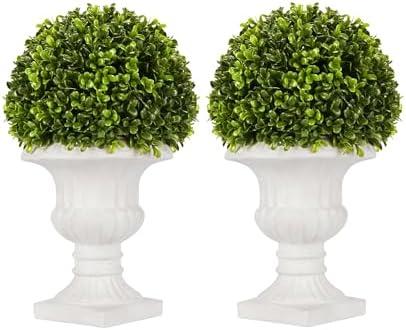 SEVENLOVE 2 Pack Artificial Boxwood Topiary Ball with Lights in Urn Container, 13" Topiary Centerpiece for Home Décor, Mini Fake Plant Greenery Arrangement