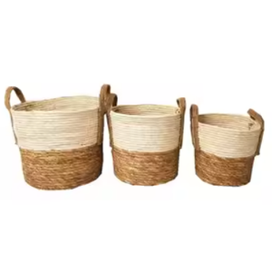 Storage Basket (Small, Round, Natural Rope, Seagrass) - Handcrafted Decorative Planter for Indoor Use - Versatile Wicker Bin for Blankets, Clothes, Home Supplies, Great Gift 3pack