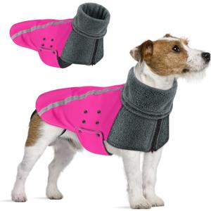 SlowTon Winter Dog Coat, Warm Polar Fleece Lining Doggie Outdoor Jacket with Turtleneck Scarf Reflective Stripe Adjustable Waterproof Windproof Puppy Vest Soft Pet Outfits (Fuchsia,S)