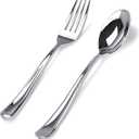 BUCLA 200 Pieces Silver Plastic Silverware - Heavy Duty Disposable Cutlery set - 100 Silver Plastic Forks, 100 Disposable Spoons for Catering, Parties, Dinners, Weddings and Christmas