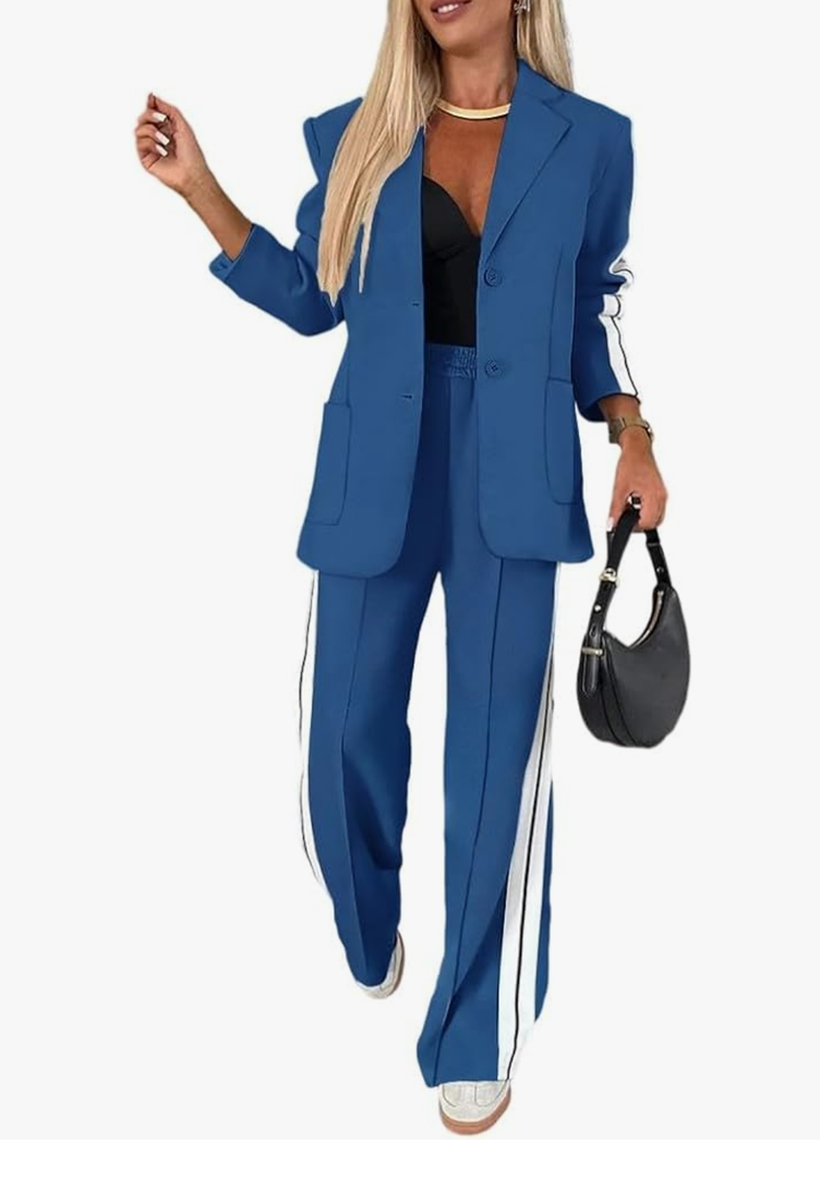 CHICME Womens Two Piece Outfits Striped Side Button Blazer and Pants with Pockets Sets Business Casual Pant Suits Set L, Dark Blue