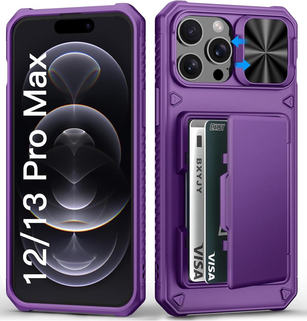 for iPhone 12 Pro Max & 13 Pro Max Wallet Case with Camera Cover, Card Holder (4-5 Cards), Military Drop Protection, Heavy Duty Rugged Women Phone Case for iPhone 12 Pro Max, Dark Purple