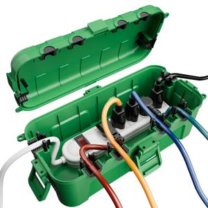 Flemoon Medium Outdoor Electrical Box (11.5x5.2x4 inch), IP54 Waterproof Extension Cord Cover w/6 Cable Entry Ports, Weatherproof Connection Box for Power Strip, Timer, Plug, Holiday Lights, Green