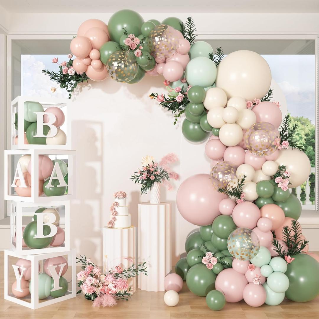 153Pcs Pink and Sage Green Balloon Arch Kit, Baby in Bloom Baby Shower Decorations for Girl Boxes with Letters (A-Z+Baby) for Boho Floral Baby Shower Birthday Gender Reveal Party Supplies