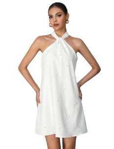 Floerns Women's Pearl Beaded Halter Twist Sleeveless Tie Back Dress A Line Dress, Small