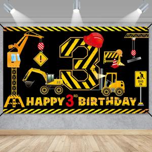 3rd Birthday Decorations for Boys, Excavator Dump Truck Theme Third Birthday Banner Decorations Digger 3 Year Old Bday Banner Backdrop Party Supplies Sign