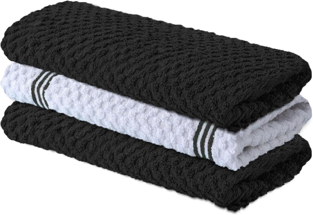 Infinitee Xclusives Premium Kitchen Towels Pack of 3, 100% Cotton |15 x 25| Inches Absorbent Dish Towels - Terry Kitchen Dishcloth Towels - Black Dish Cloth for Household Cleaning