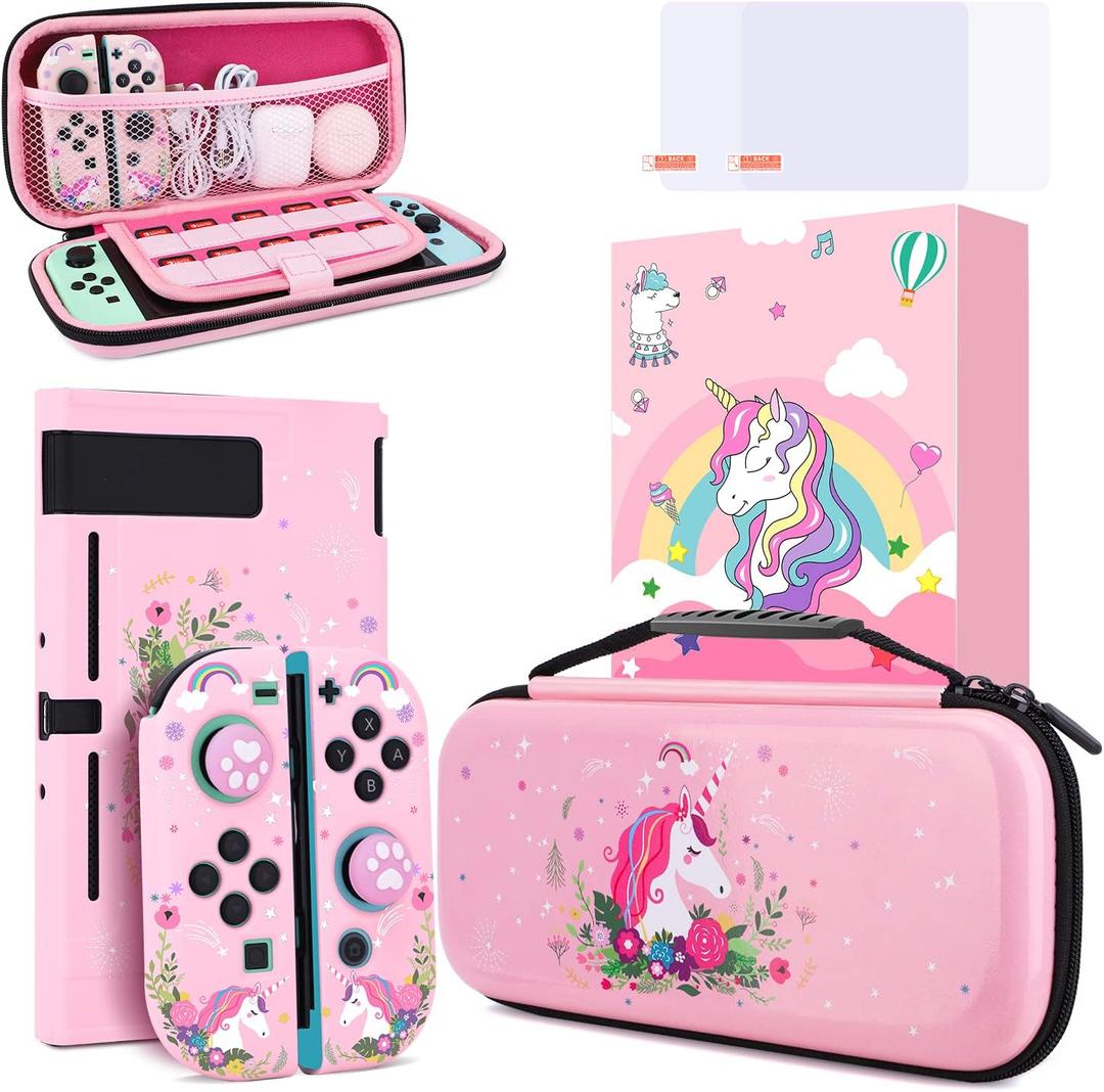 Unicorn Carrying Case Compatible with Nintendo Switch-Pink Portable Hard Shell Storage Bag and Protective Case Cover,Screen Protectors for Nintendo Switch,Switch Protection Accessories for Girls