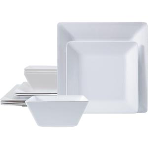TP 12-Piece Melamine Dinnerware Sets, Plates and Bowls Dishes Set for 4, Break-Resistant & Non-Microwavable, Lightweight Square Dinner Plates, White