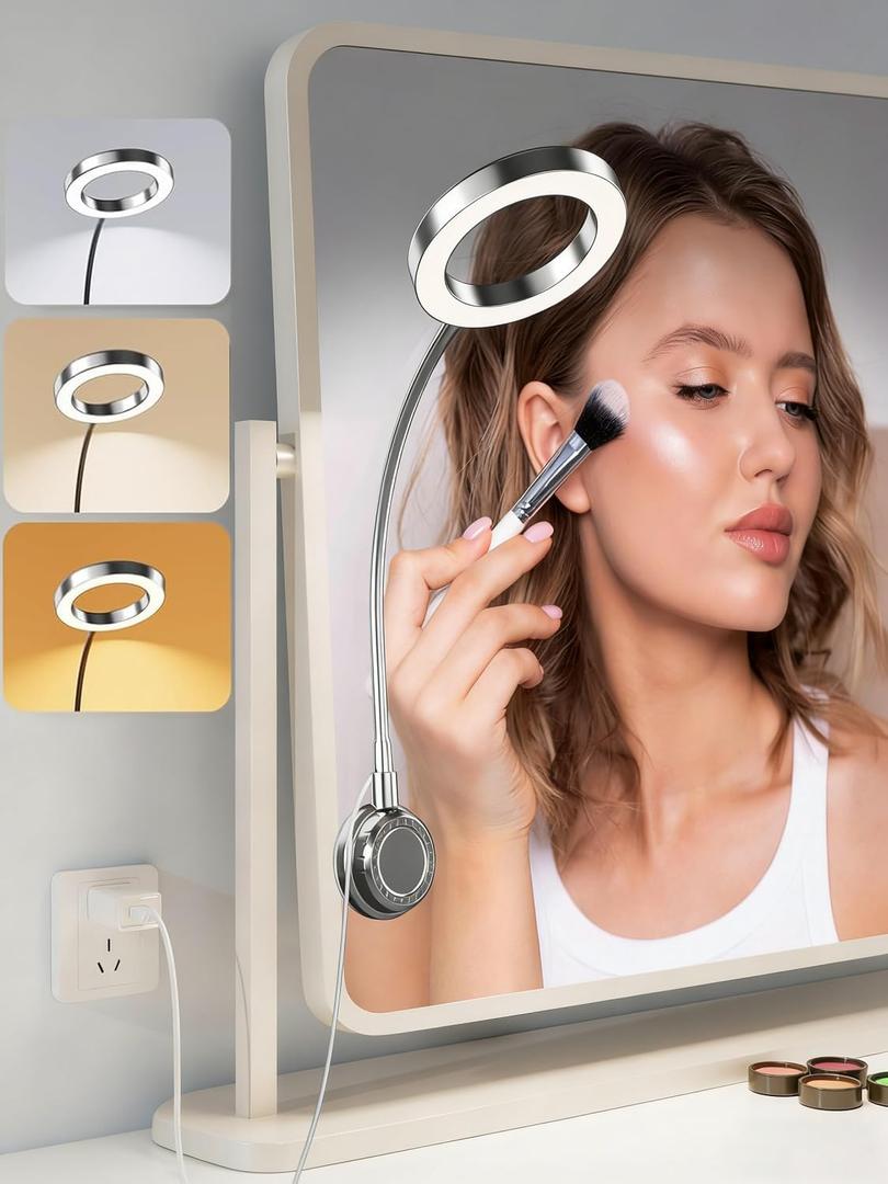 Suction Cup LED Vantiy Lights for Mirror, Flexible Gooseneck Stick on Selfie Ring Light for Makeup Vanity Table & Bathroom Mirror, 3 Color Modes & 10 Brightness, Plug in, Silver (17"L x 4.7"W)