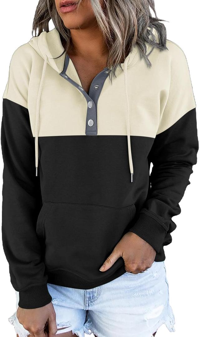 Dokotoo Womens Hoodies Oversized Sweatshirts Pullover Fleece Sweaters Button Collar Comfy Color Block Long Sleeve Hoodie Tops Casual Early Fall Fashion Winter Clothes Outfits Black Khaki Small