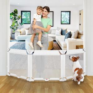 27.5 Inch Tall Foldable Dog Gate Step Over Pet Gate, 27.5"-83" Wide Adjustable Width & Angle Expandable Gate, 3 Panel Foldable Baby Gate Small Dog Gate, Indoor Baby Fence Gate Mesh Puppy Gate, White