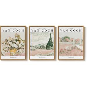 Framed Van Gogh Wall Art Set of 3, Neutral Beige and Soft Pink Canvas Prints, Vintage Landscape and Floral Paintings for Living Room Bedroom Dining Room Entryway Decor, 12x16 Inch
